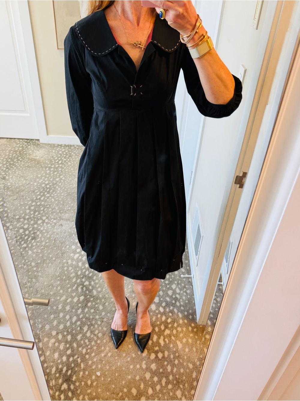 derekcuny Black Long-Sleeve Pleated Dress with Peter Pan Collar